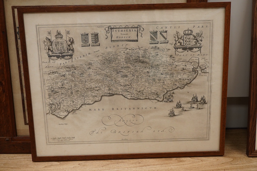 John Speed (1552-1629), hand coloured engraved map of Chester, sold by Thomas Basset and Richard Chiswell, together with two other antique maps of Oxfordshire and Sussex, 39 x 50cm